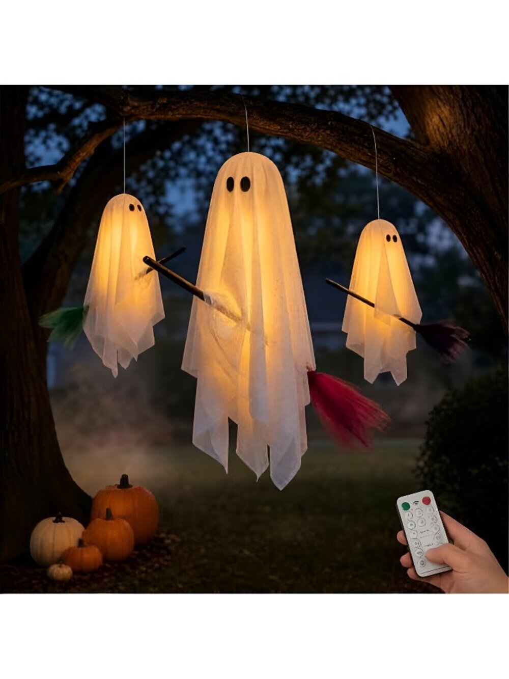 Halloween Decorations Outdoor, 3 Pack Hanging Light Up Ghosts on Brooms